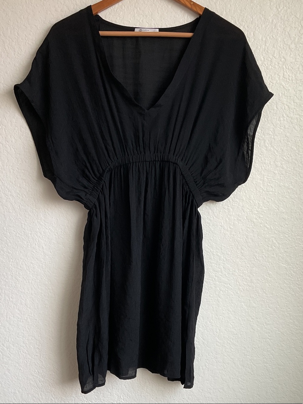 CUPSHE Black V-Neck Ruched-Waist Sheer Tunic Top/ Cover-up